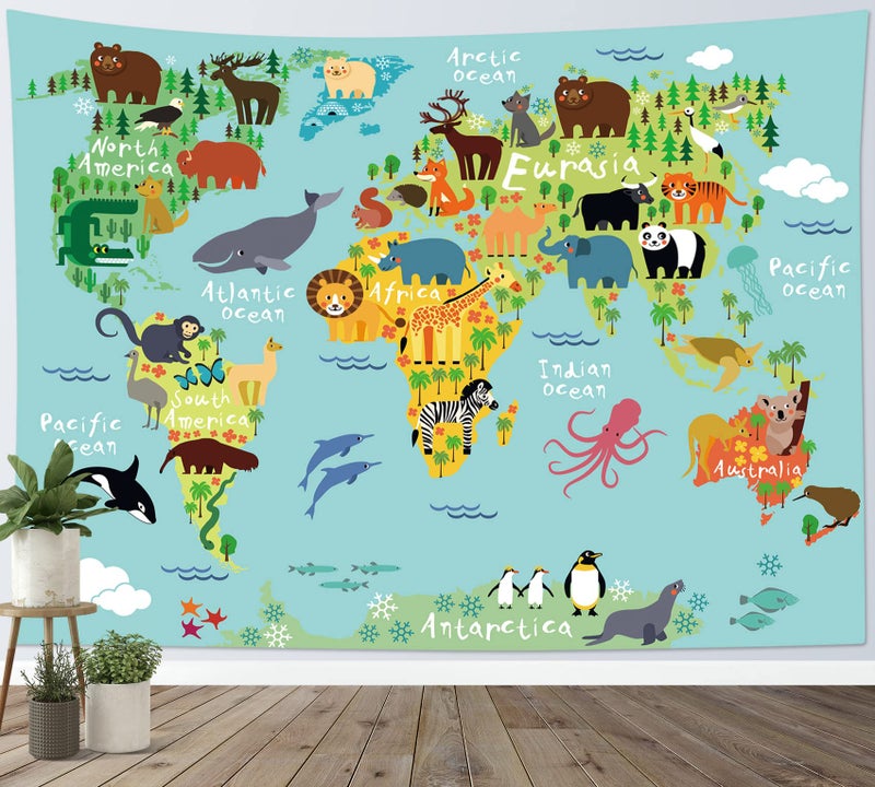 LB World Map Tapestry Wall Hanging Various Cartoon Animals Tapestrise World Distribution Map Wall Decor Blanket for Kids Bedroom Living Room Dorm Decor, 60Wx40H inches - Image 1